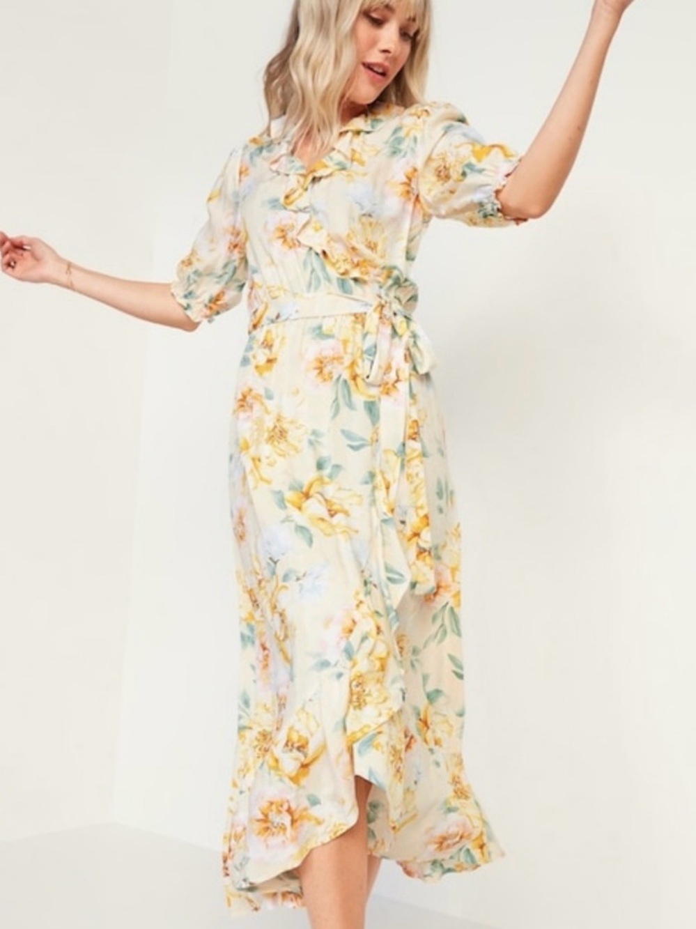 Old Navy Yellow Floral Puff Sleeve True Wrap Midi Sun Dress Ruffles size M